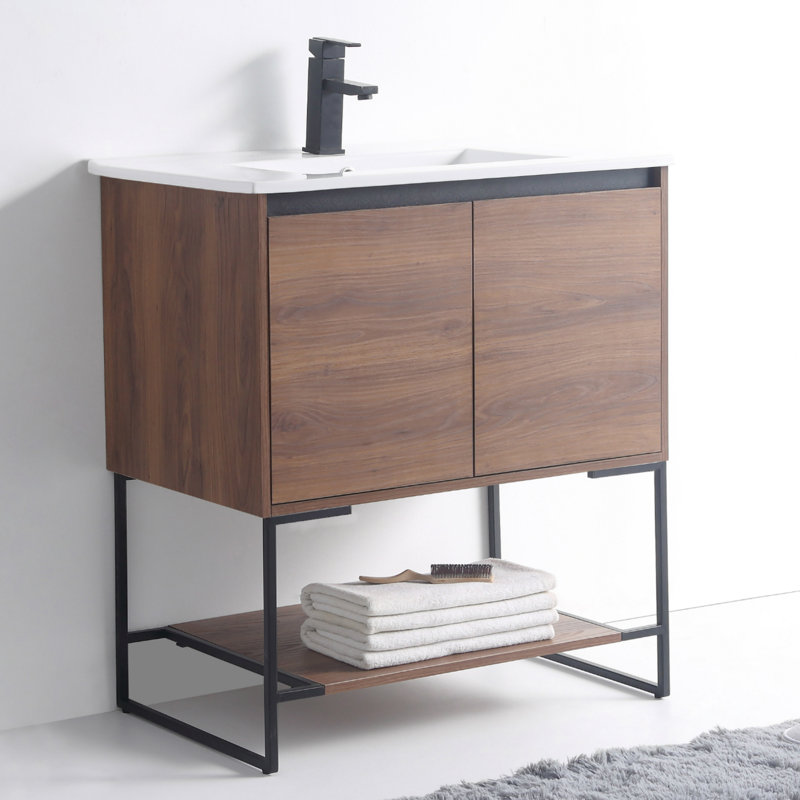 Fiquett 30 " W Freestanding Standard Free Standing 1 Single Vanity Bathroom Vanity With Ceramic Top, Walnut