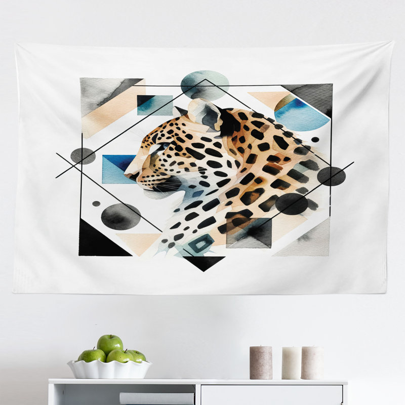 Ebern Designs Leopard Wall Hanging Tapestry Watercolor Minimal Modern Brown White and Blue, H 23 po x l 28 po