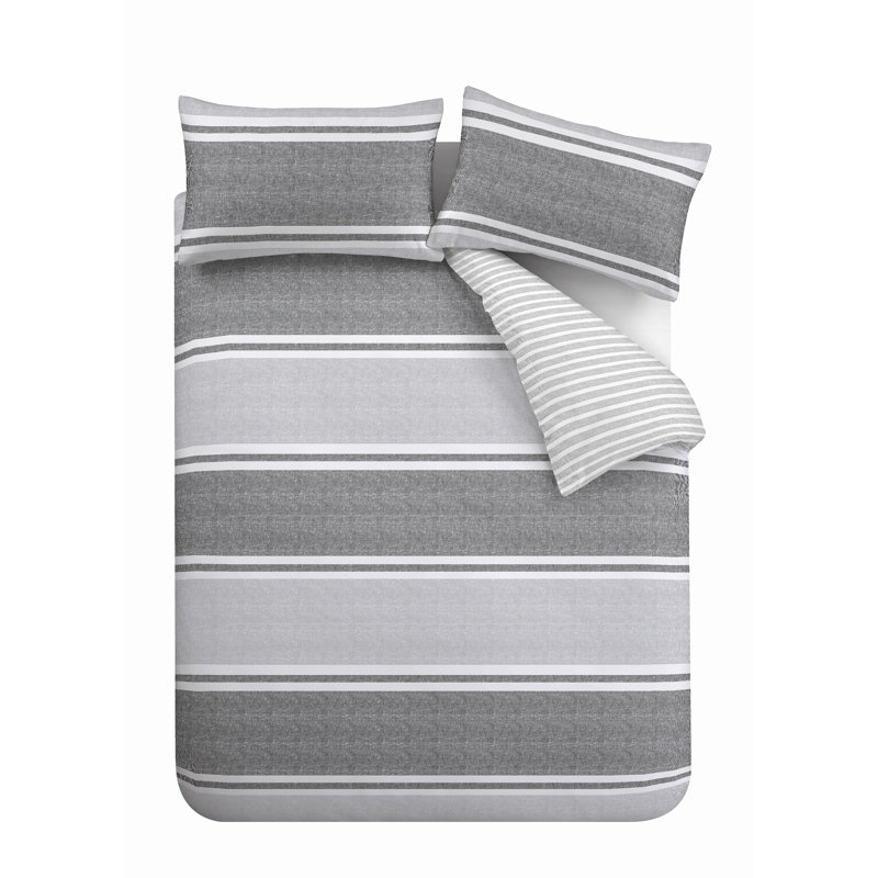 Textured Banded Stripe Reversible Duvet Cover Set with Pillowcases, Double - 2 Standard Pillowcases, Grey
