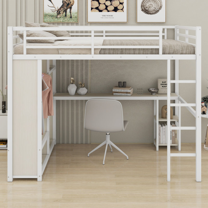 Loft Bed Frame With Built-In Wardrobe,Desk And Storage Shelves