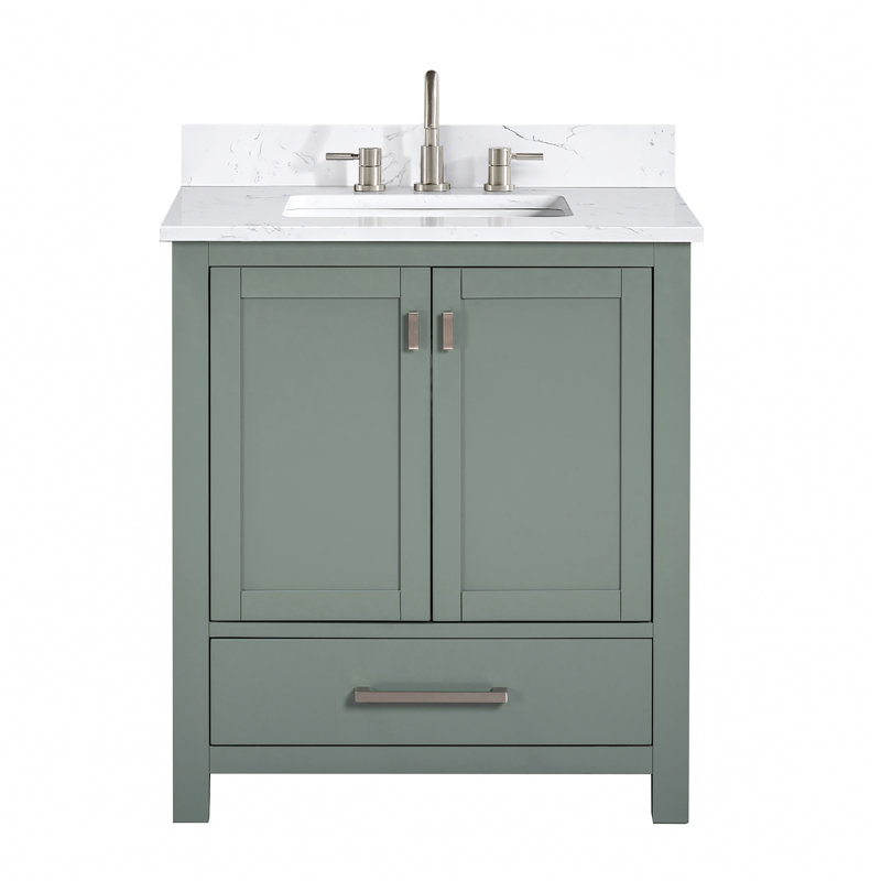 Modero 30" Single Bathroom Vanity with Top, Cala White Marble, Brushed Nickel, Smoke Green