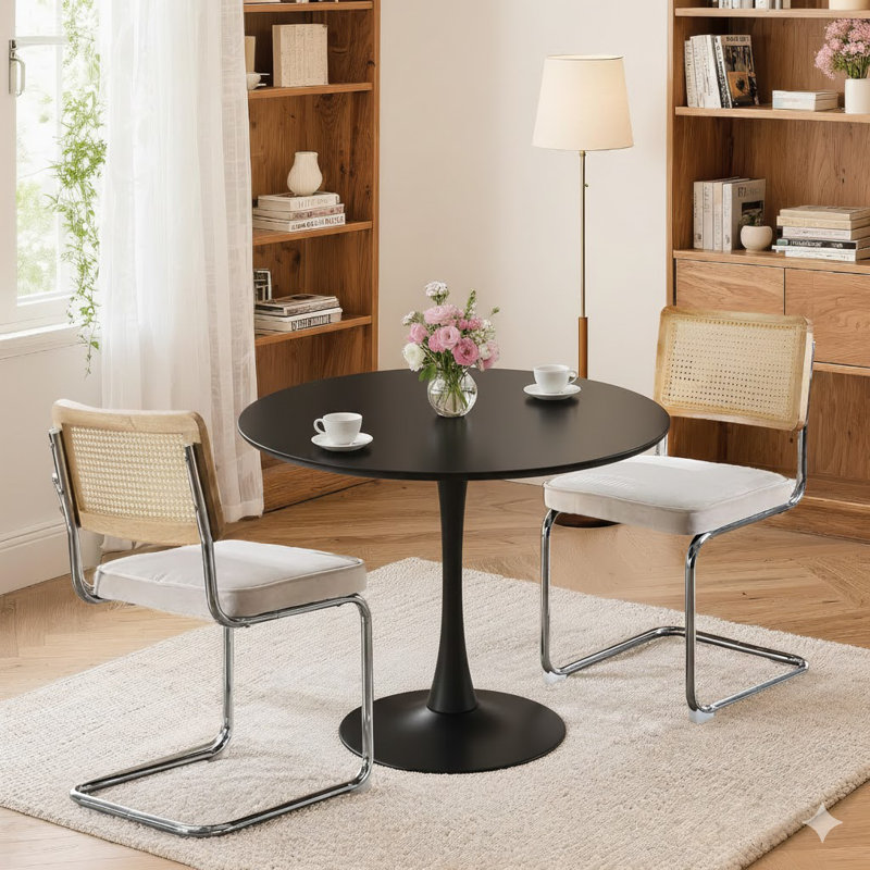 Ensemble de salle à manger rond 3 pièces à économie d'espace 24 po, table avec chaises en rotin, Noir, Beige