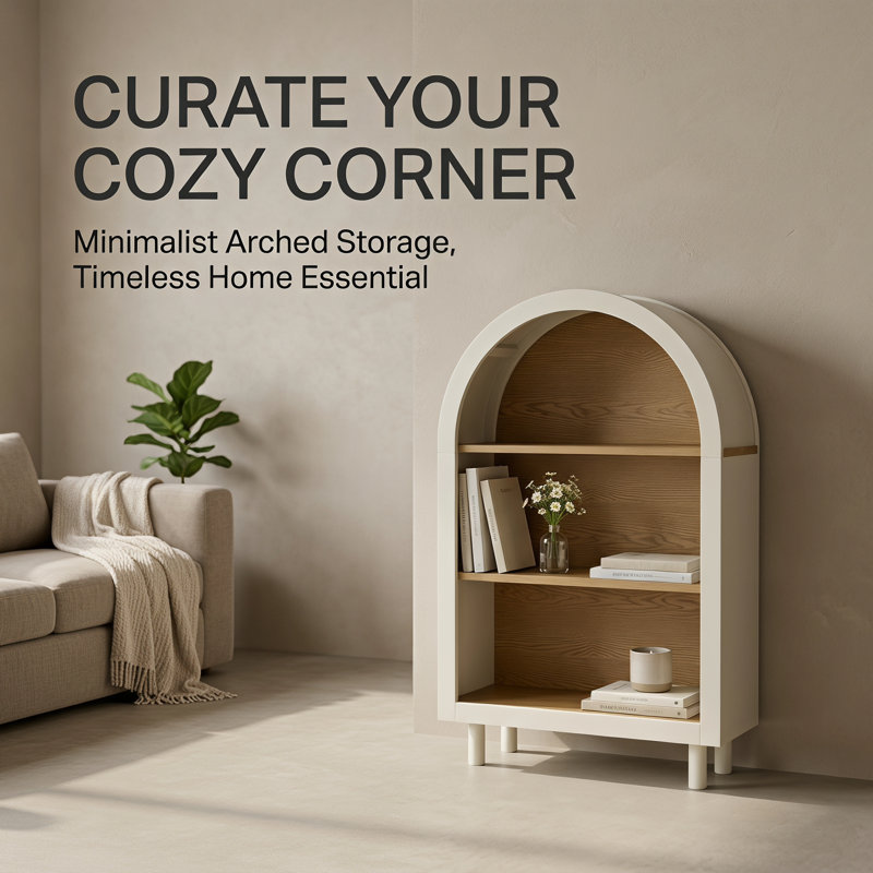 Petite bibliothèque arquée moderne, armoire de rangement blanche avec 3 tablettes en grain de bois, étagère de présentation à 3 niveaux pour entrée et chambre à coucher