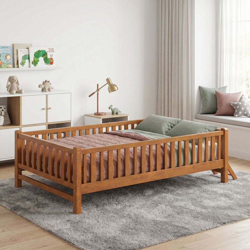 Twin Wooden Platform Bed with Guardrails and Ladder, Walnut