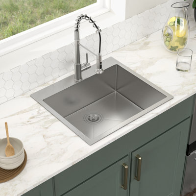 24"W 16 Gauge SS304 Stainless Steel Drop-in Kitchen Sink Topmount Deep Single Bowl Kitchen Sink with with Drain Strainer