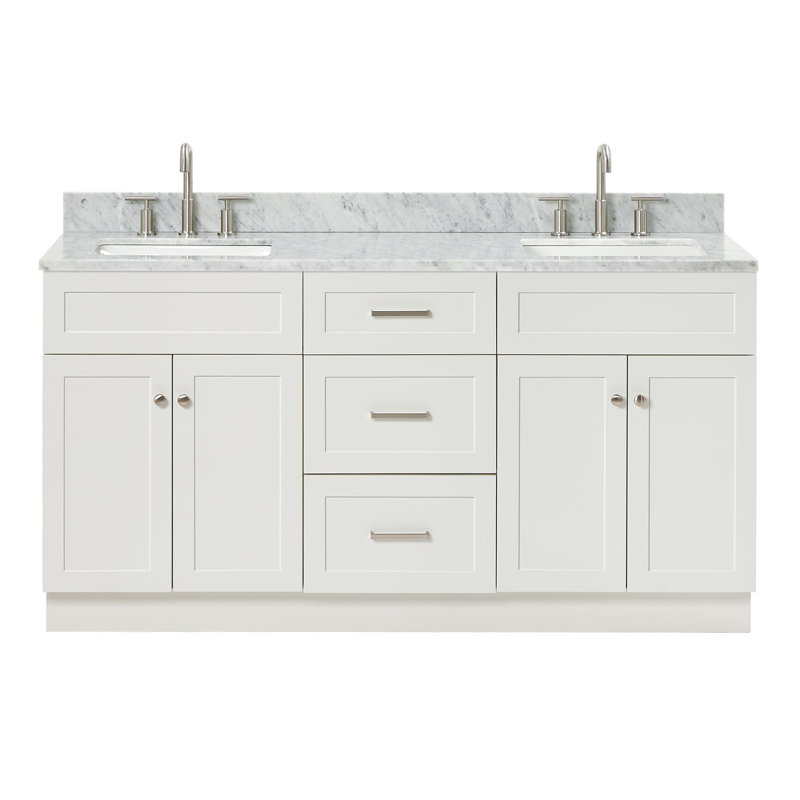 Partham 67'' Double Bathroom Vanity with Carrara Marble Top, White