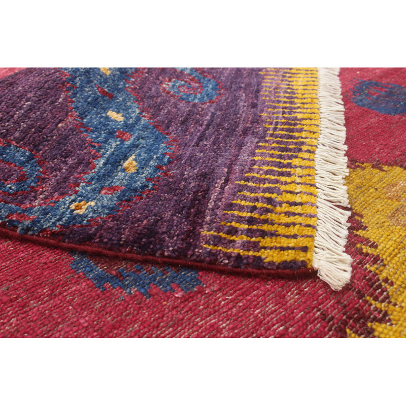 Tapis de couloir unique en laine noué à la main jaune et mauve des années 2010 4 pi 1 po x 11 pi 9 po Arel