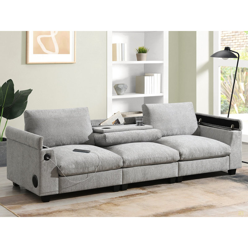 Canapé modulaire 96 * 35 po Chenille avec haut-parleur à dents, ensemble de canapé Comfy Cloud avec table rabattable, porte-gobelets, chargeur USB, accoudoir de rangement, canapé à large siège pour salon, appartement, bureau