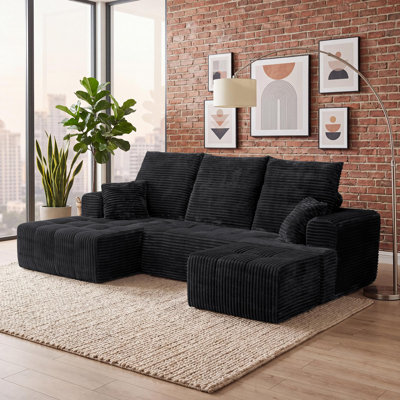 Canapé d'angle modulaire compressé en forme de U de 277 cm de large avec méridienne et pouf, 3 pièces, revêtement en velours côtelé, assise profonde, ressorts ensachés et 5 coussins pour salon, aucun assemblage requis, noir