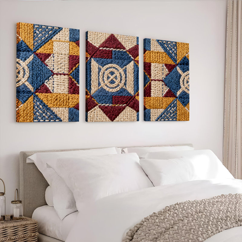 Motif de patchwork géométrique, reproduction d'art sur toile tendue sur toile, ensemble de 3, H 18 po x l 36 po