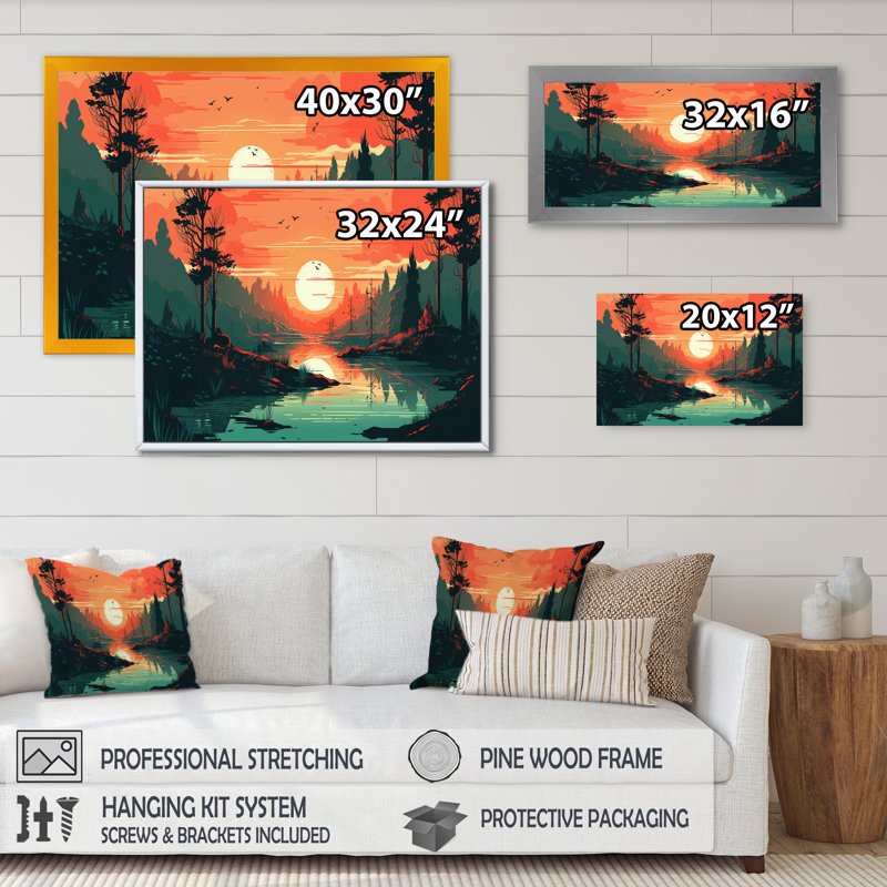 Magnifique soleil couchant sur des arbres II - reproduction, Cadre photo noir, H 12 po x l 20 po x P 1 po