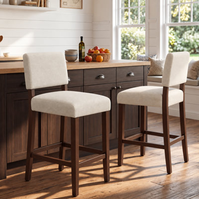Tabouret de bar moderne en bois massif rembourré, 66 cm de hauteur, avec dossier et repose-pieds.