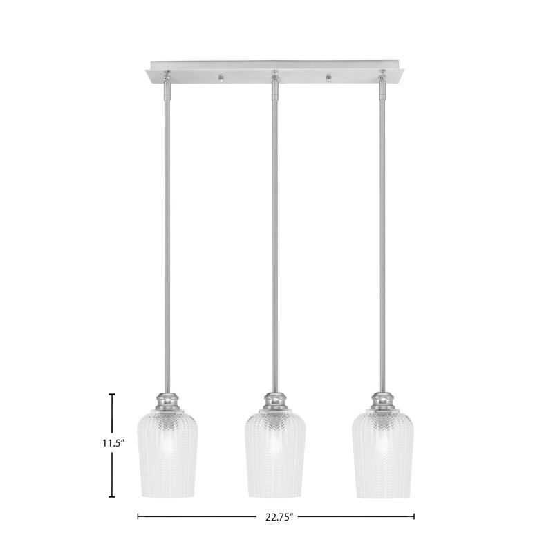 Luminaire suspendu linéaire à 3 lumières avec verre de 5 po Edge, Nickel brossé, Transparent texturé