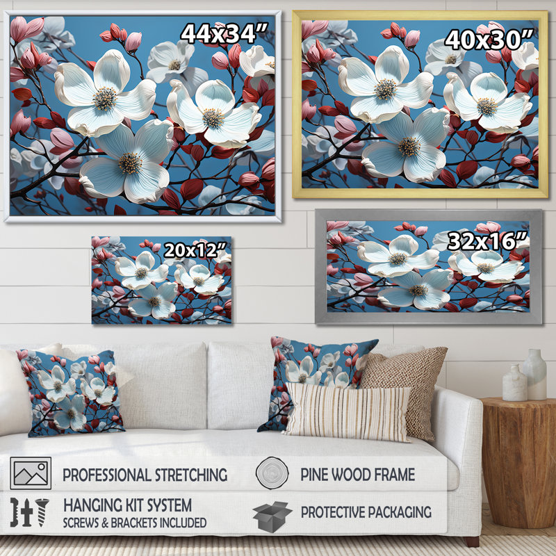 «White and Pink Dogwood Blossoms III», reproduction sur toile, Cadre de coin blanc fermé, H 12 po x l 20 po x P 1 po