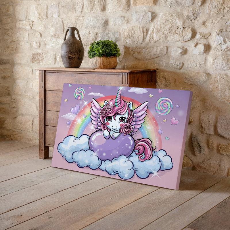 Toile, scène fantaisiste mettant en vedette une licorne mignonne avec une art mural fluide, crinière rose ornée de roses perchées sur un grand art mural