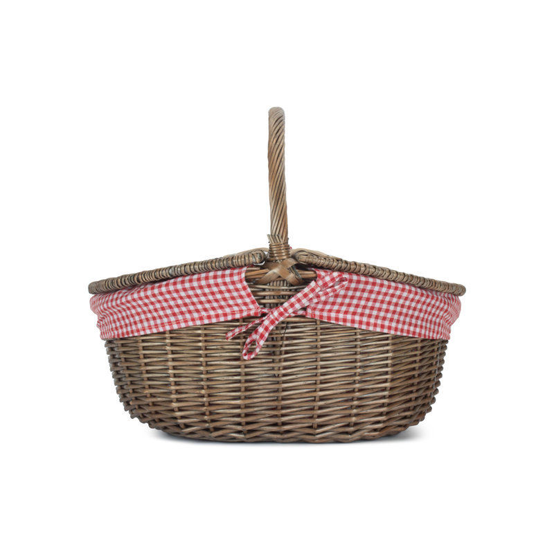 Wicker Picnic Hamper Basket with Lining, Antique Wash/Red White Lining