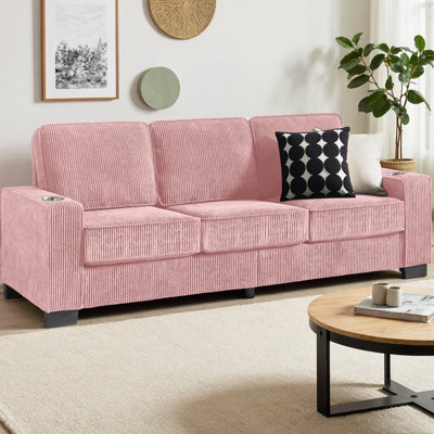 83.86" Corduroy Fabric Sofa, Modern Compressed 3-Seater Couch with Cup Holders, Furniture for Living Room, Bedroom or Office, High-Density Sponge & Spring Support