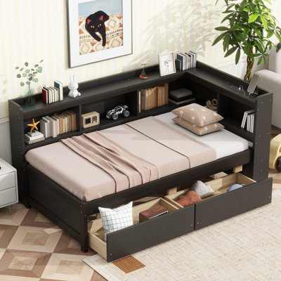 L-Shaped Bookcase Bed with Storage Drawers, Power Outlets & USB Ports, Platform Bed by Hokku Designs