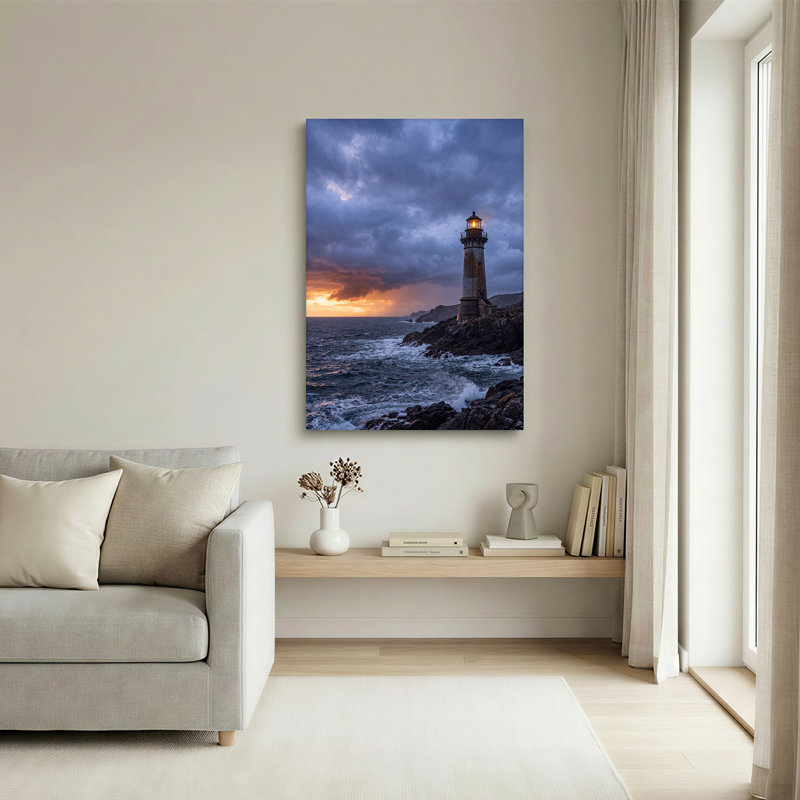 Art mural sur toile, "Phare lumineux" sur une côte rocheuse sous des nuages dramatiques, H 36 po x l 24 po