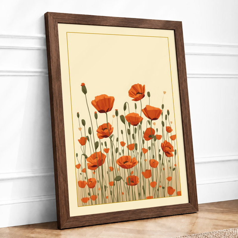 Quiet Poppy Meadow Botanical - Framed Print, A1 - 84.1 x 59.4 cm, Walnut