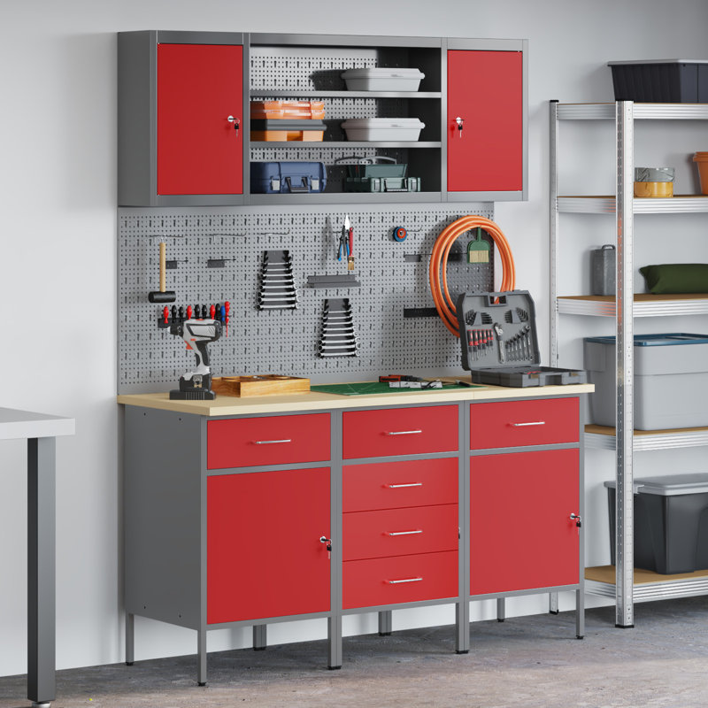 Set Of 5 Steel Large Height-Adjustable Work Cabinet, Red