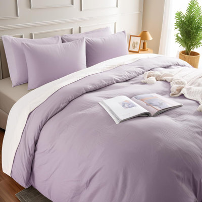 NEXHOME PRO Duvet Cover Set 100% Washed Cotton Full Size Linen Feel Textured Organic Natural 3 Pieces Bedding Set Lavender Lilac Purple with Zipper Closure and Corner Ties, Breathable(No Comforter)