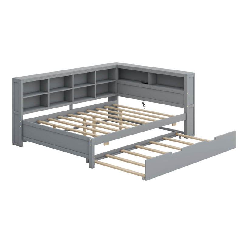 Lit de jour moderne en L avec rangement en bois - Lit gigogne simple, tablettes, station de charge USB et cadre de plateforme | Aucun sommier requis (filles, garçons, adolescents)