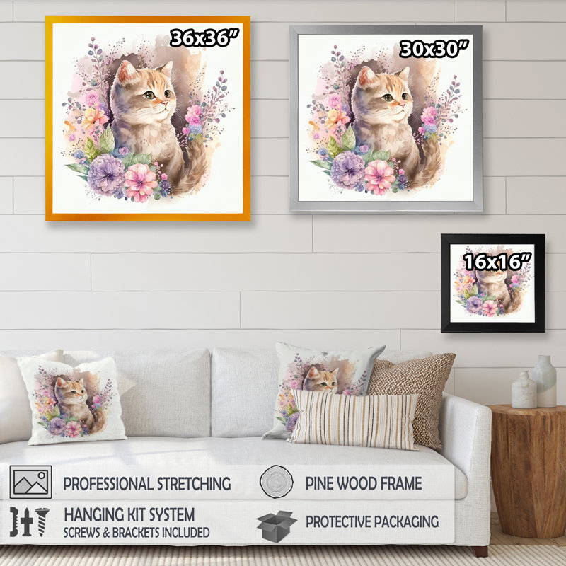 Petit chaton entouré de fleurs colorées II - animaux, art mural sur toile, Impression noire sur toile encadrée