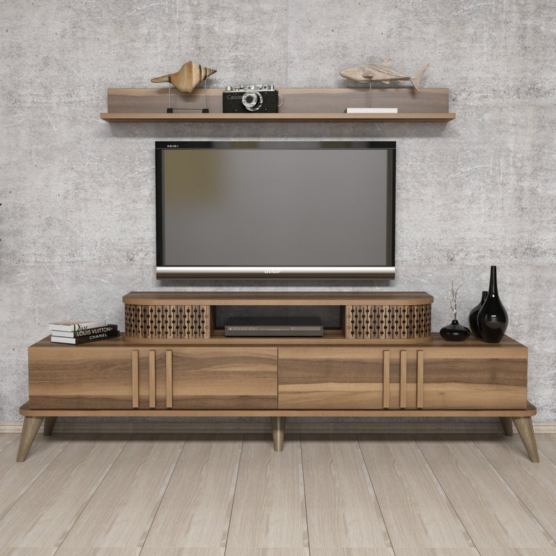 Modern Walnut TV Unit with Wall Shelf, 100% Melamine Coated Particle Board, 66.1 x 20.3 x 15.4 inches | Features Adjustable Shelves & Wall-Mountable Design | Stylish Scandinavian & Geometric Aesthetic for Living Room