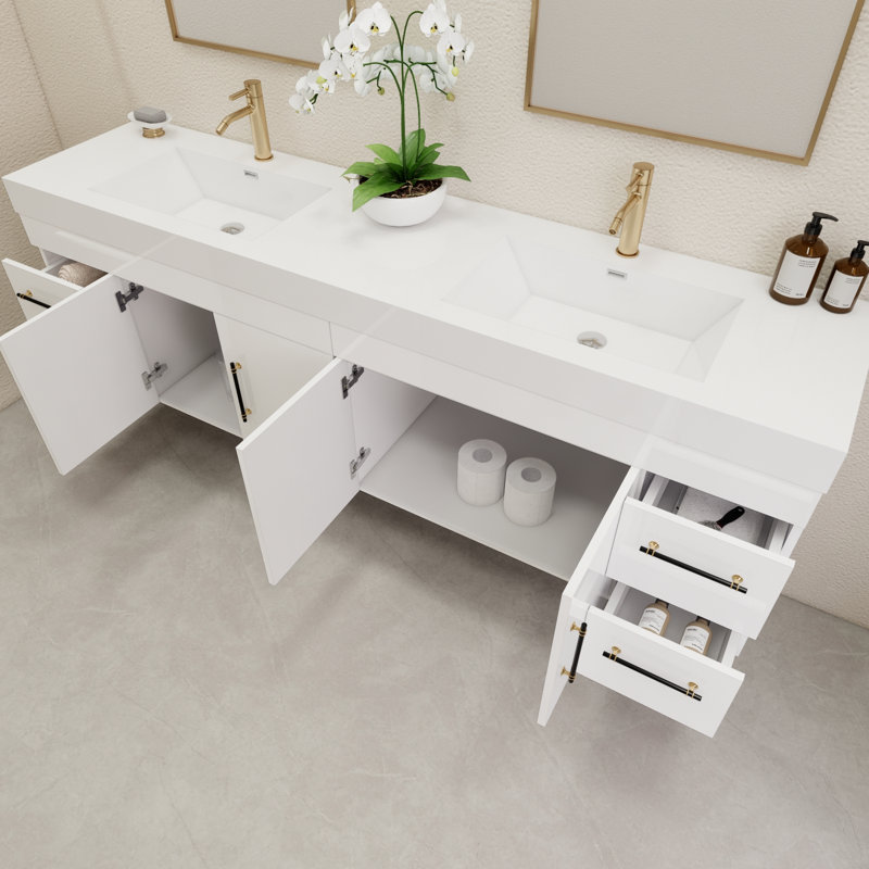 83.4" Wall-Mounted Double Bathroom Vanity Set, Glossy White