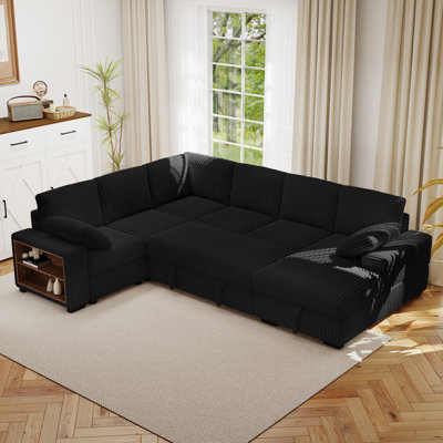 Clitheroe 116.5" U-Shaped Corduroy Convertible Pull-Out Reclining Sectional Sofa Bed with Storage Chaise and Armrest