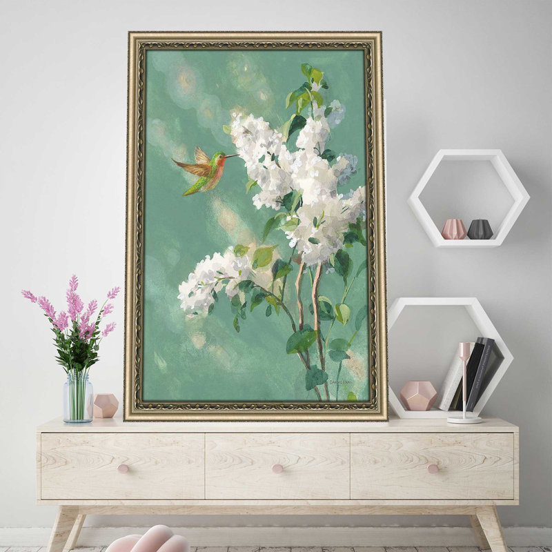 Hummingbird Spring I par Danhui Nai - Peinture, Encadrement champagne, H 27,5 po x l 21,5 po x P 0,75 po