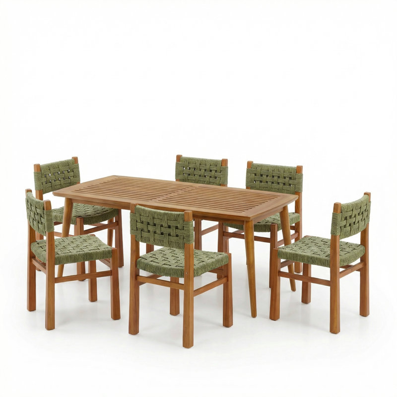 Hapeville Patio 7-Piece Acacia Wood Dining Set With Woven Wicker