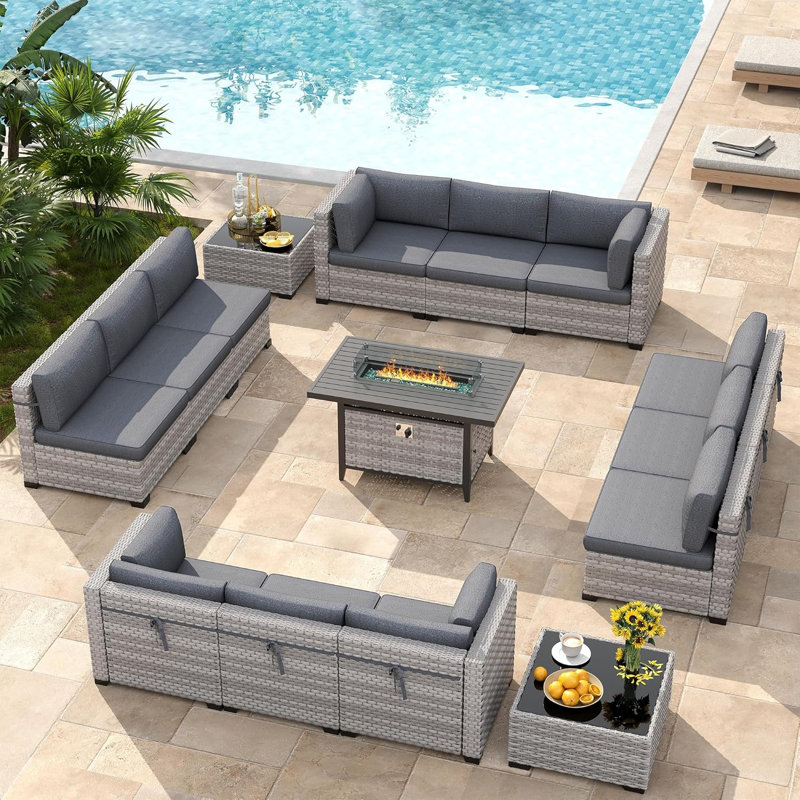 12 - Person Outdoor Wicker Patio Conversation Furniture Set with Fire Pit Table, Black