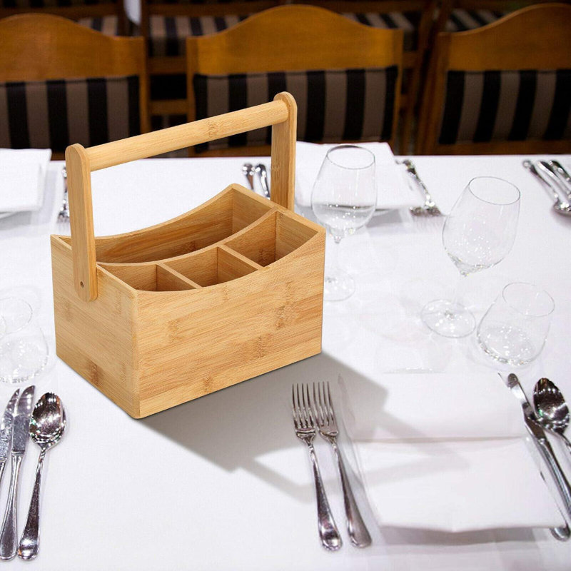 Mondul Bamboo Utensil Cutlery Holder Kitchen Storage 4 Compartments for Cutlery & Condiments