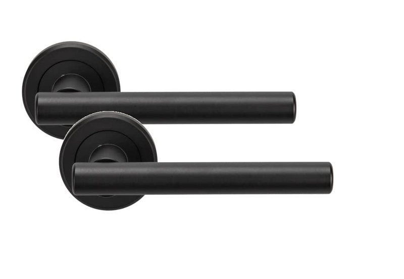  Straight T-Bar Bathroom Door Handles on Round Rose in Matt Black Finish