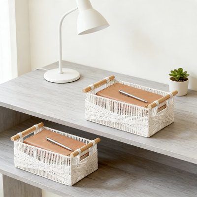 Paniers de rangement tissés à la main avec poignées en bois, organisateur décoratif en corde de papier recyclable pour le salon, la chambre à coucher, les tablettes et le bureau personnel, ensemble de 2