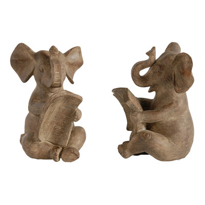 Set of 2 antique brown elephant bookends, resin decorative book holders
