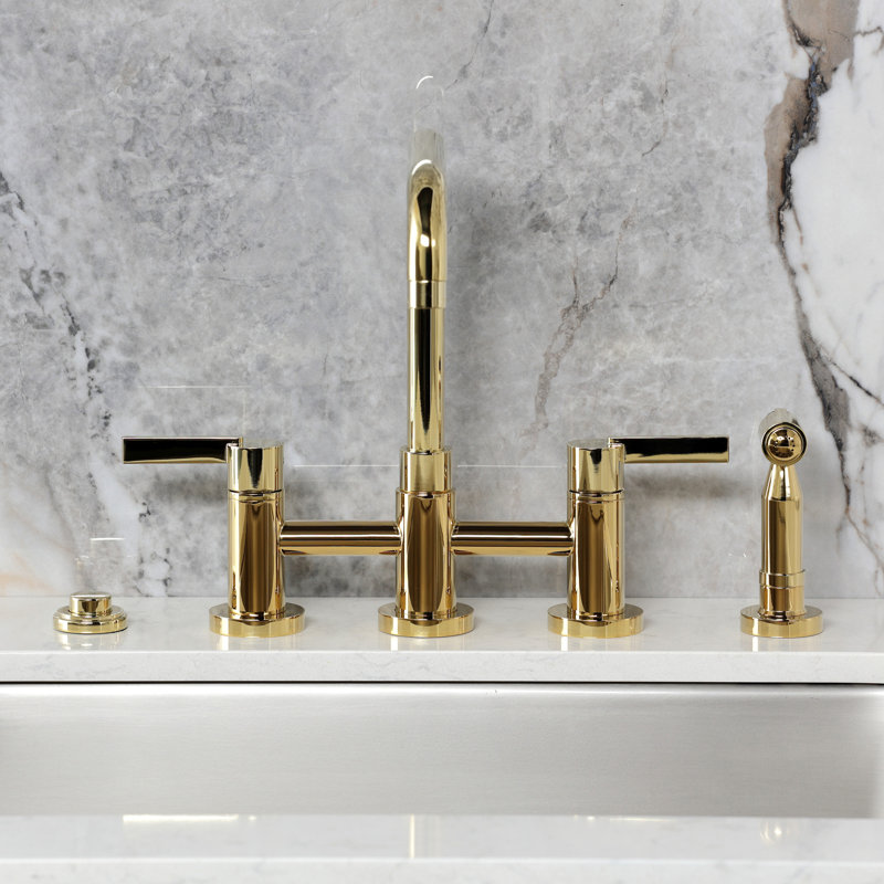 Kingston Brass Continental Two-Handle 4-Hole Deck Mount Bridge Kitchen Faucet with Brass Side Sprayer, Polished Brass