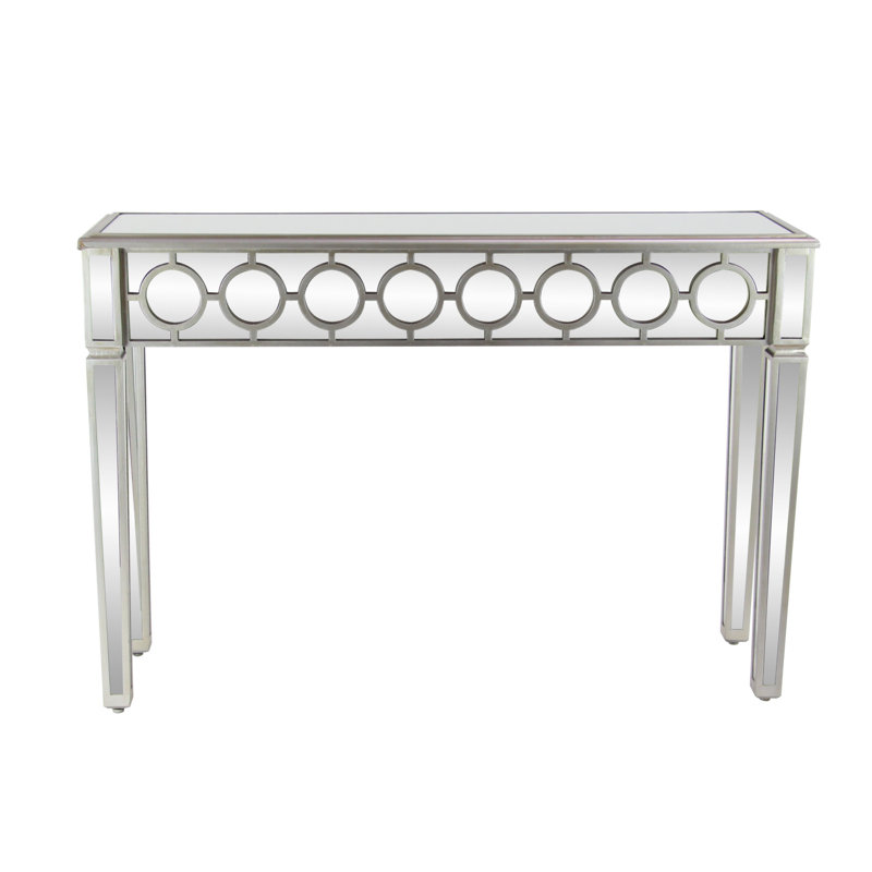 Skyler Glass Mirrored Geometric Silver Console Table with Circular Panel Inlay