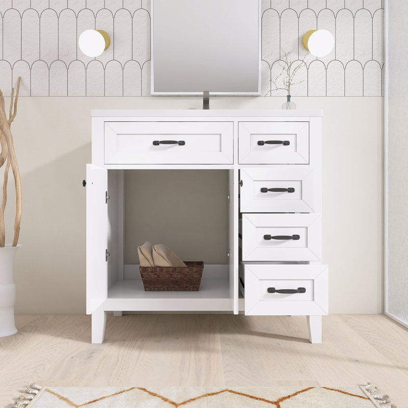 35,98 po Meuble-lavabo autoportant à simple cuve avec comptoir en céramique blanc non assemblé, Blanc