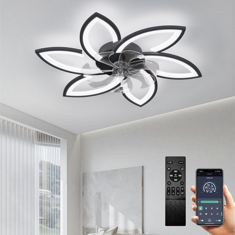 LED ceiling fan with lighting, creativity 6 -light, quiet dimmable ceiling light with remote control and app, Black