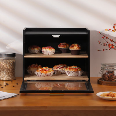 Double Layer Bread Box. Large Capacity Kitchen Countertop Storage with View Window. Farmhouse Style Bread Keeper for Bread Rolls Muffins. Black & Gold
