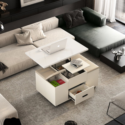 Table basse peu encombrante avec 4 tabourets - Table de salle à manger pliante de salon, rangement caché et 2 tiroirs modernes Flair jaune extensible et tiroirs, style gracieux