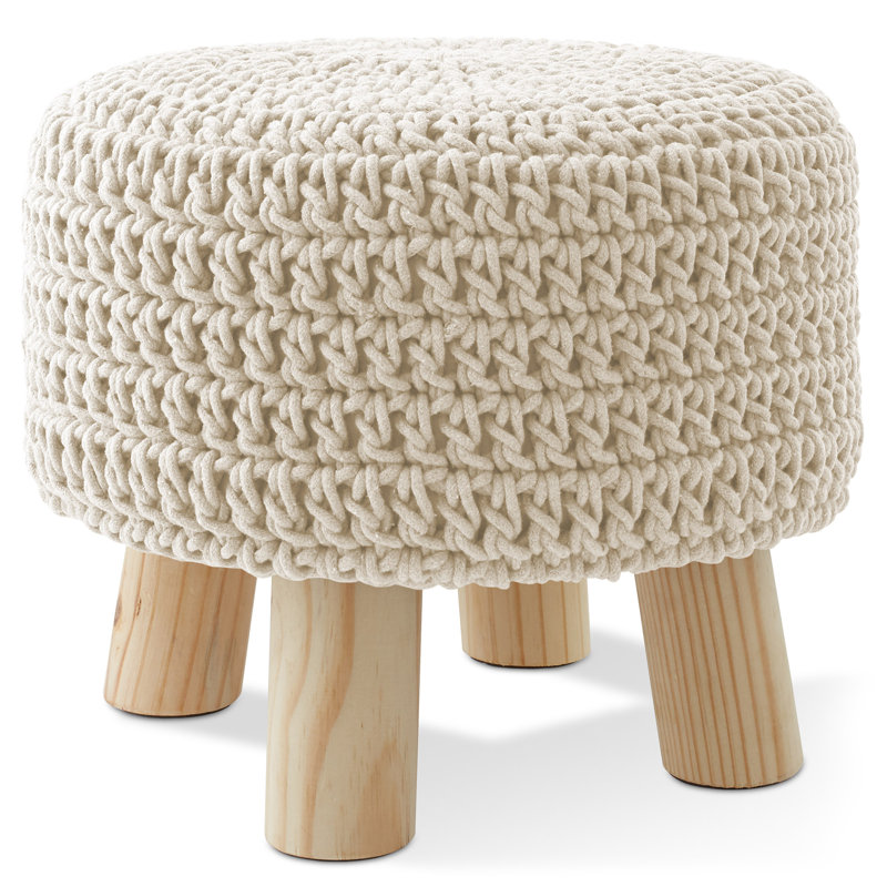 Cotton Pouf Ottoman Footstool 13 Round x 11H, Boho Accent Footrest, Natural, Beige