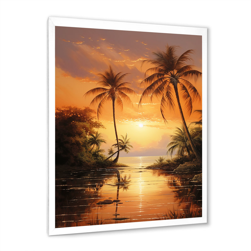 Palmier, escapade tropicale, coucher de soleil sur une plage de bronze sur toile, Cadre blanc, H 32 po x l 16 po x P 1 po