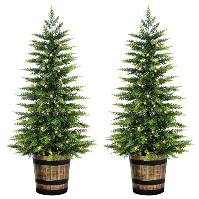 Set of 2 3.5 ft Battery-Operated Pre-Lit Potted PE Soft Tips Artificial Trees with Timer