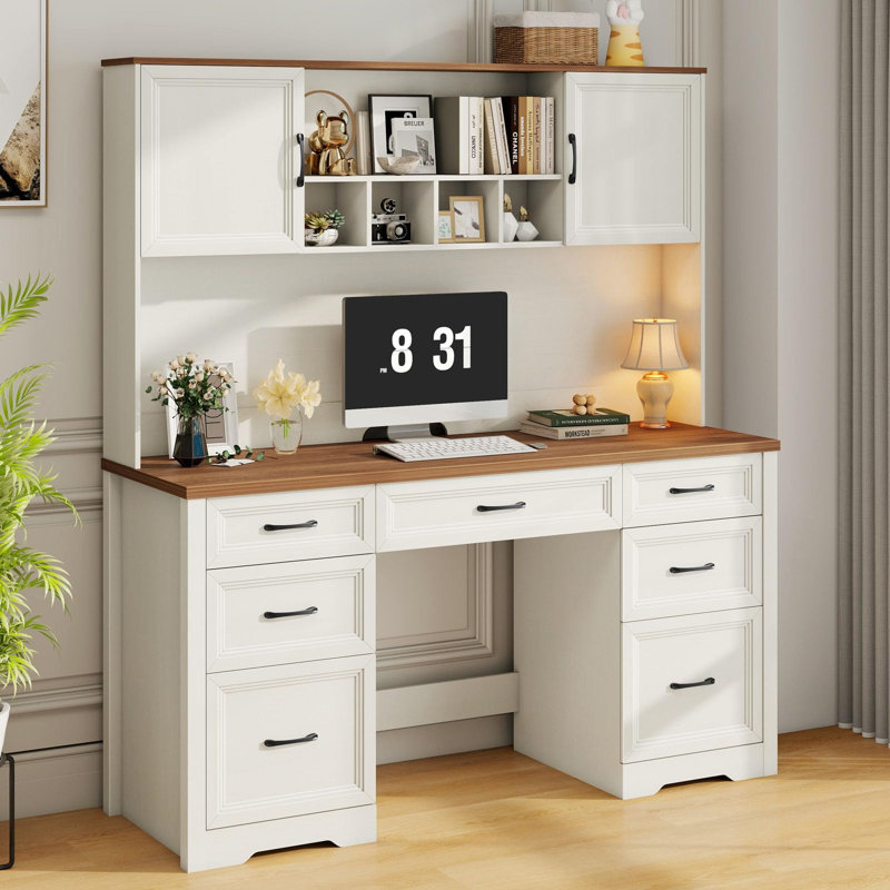 Bureau de direction Farmhouse avec 7 tiroirs et armoire de rangement, Brun / Blanc