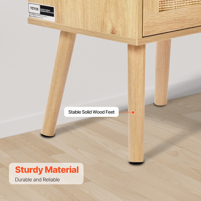 Table de chevet en rotin, table de chevet Boho avec tablette ouverte, table de chevet en bois et table de bout en rotin avec pieds en bois massif, table d'appoint en rotin avec station de charge, pour chambre à coucher, bureau et salon