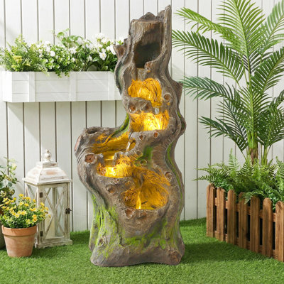 Tree Trunk Waterfall Fountain, Outdoor Water Fountains with LED Lights, Garden Outside Cascading Waterfalls, Rustic Hollow Tree Stump Fountain for Garden, Yard, Patio, Home Decor
